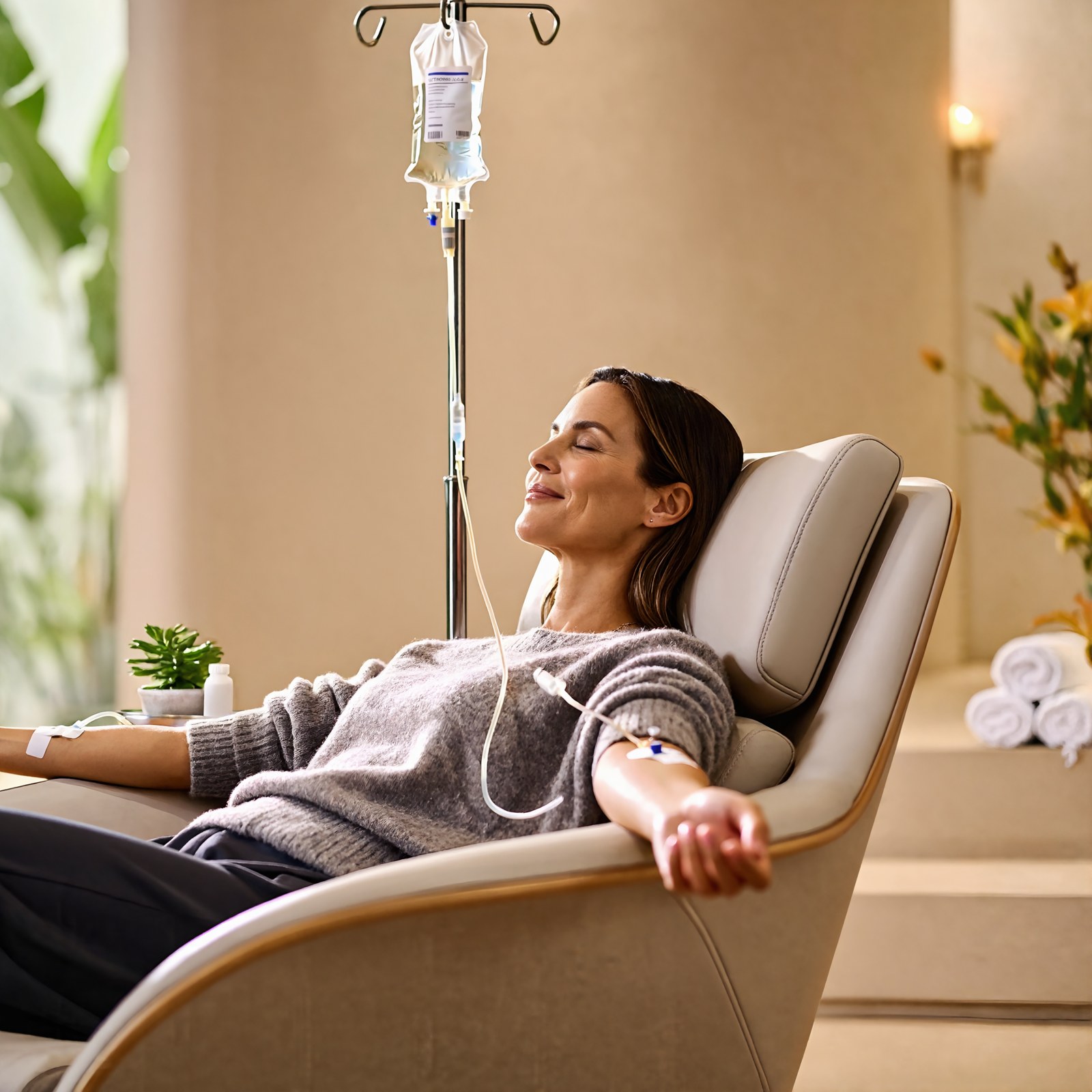 Woman relaxing during an IV vitamin drip at the TOTAL DRIP lounge, Total Health Urgent Care in Vancleave, MS