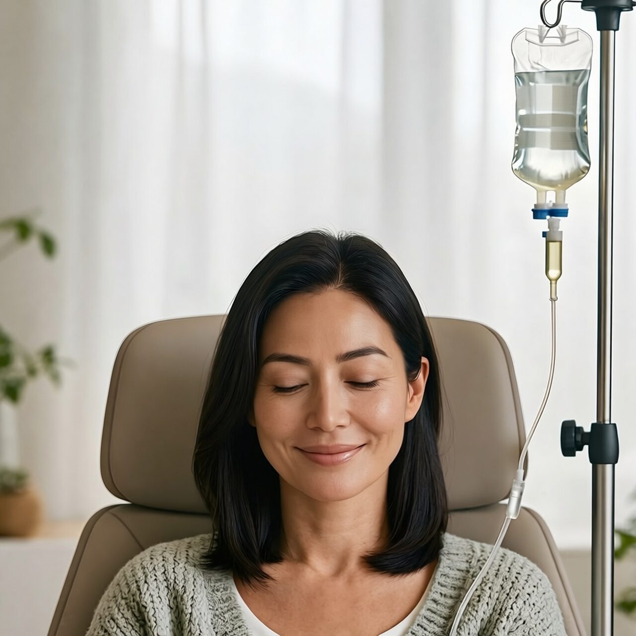 Woman receiving IV hydration therapy at the TOTAL DRIP lounge, Total Health Urgent Care in Vancleave, MS