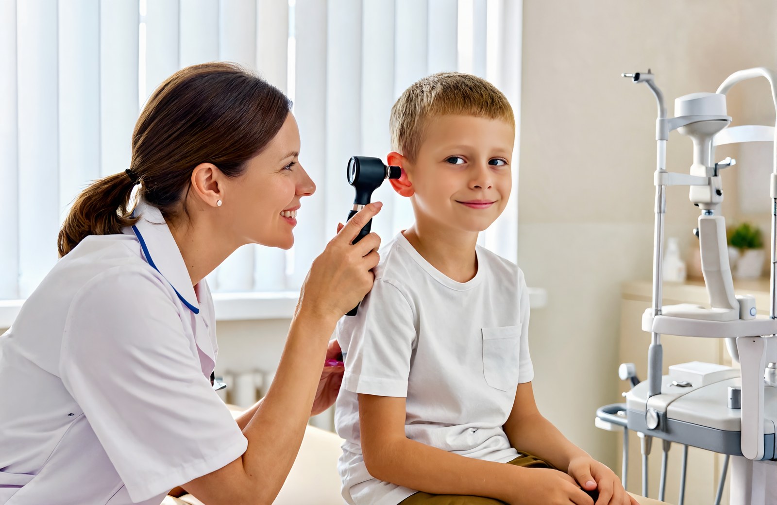 Family doctor performing a pediatric ear exam during a primary care visit in Vancleave, MS