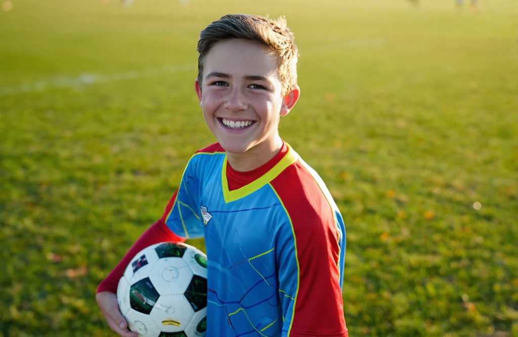 White teenage high school athlete in a soccer jersey holding a ball on a sunny Gulf Coast practice field
