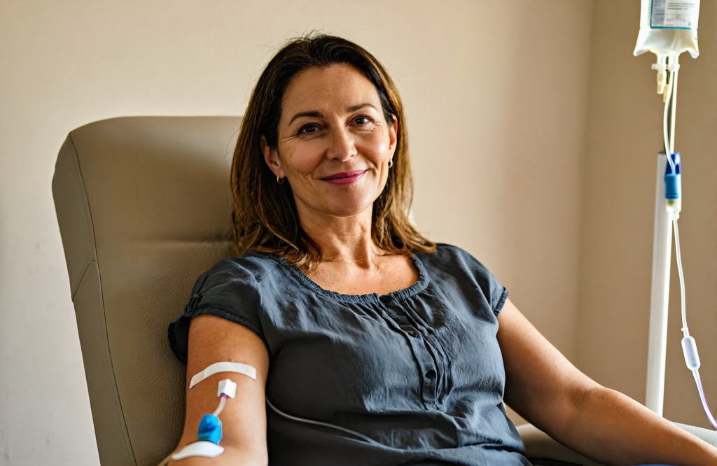 Woman receiving an IV hydration drip in her forearm at a Vancleave, MS urgent care