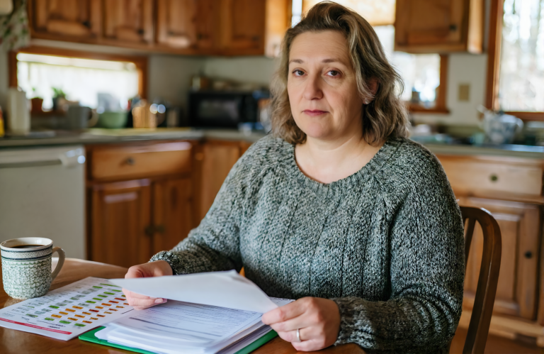 Woman at her kitchen table organizing a medication list and paperwork before a primary care visit