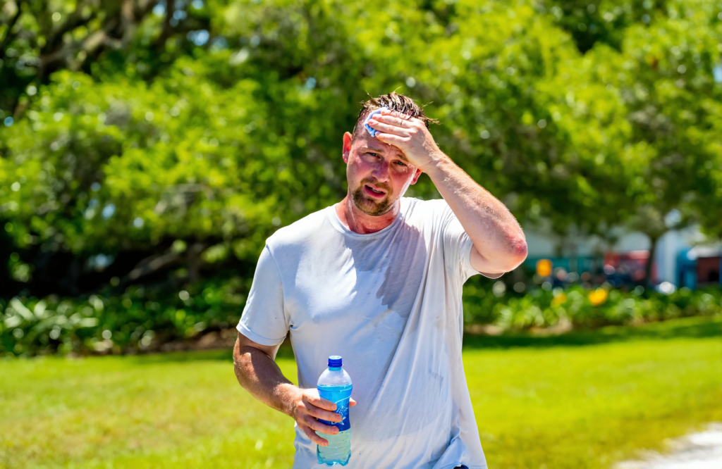 Overheated man wiping sweat and holding water on a hot Mississippi Gulf Coast day