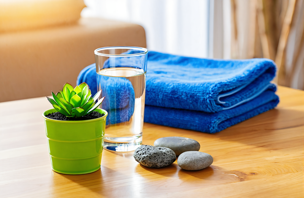 Glass of water and a potted plant on a home table, family wellness near Biloxi