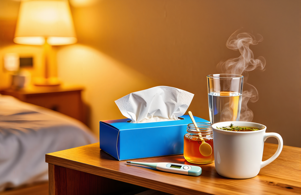 Home cold-and-cough care setup with tea, tissues, water, honey, and a thermometer