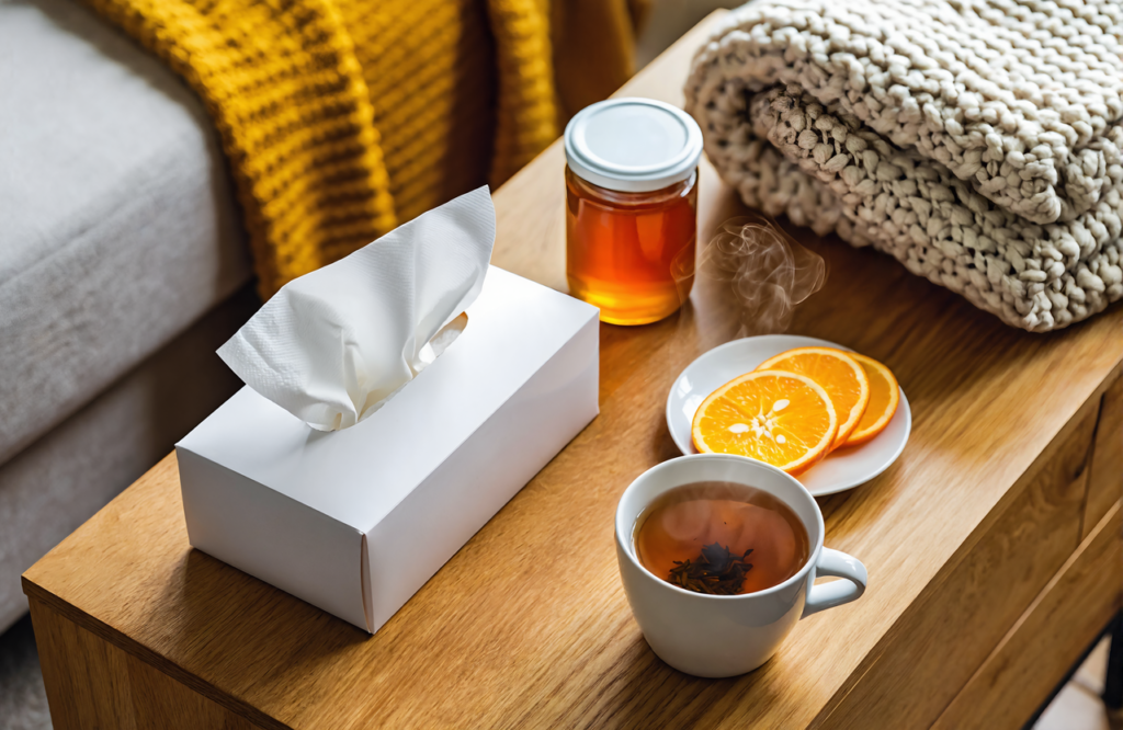 Home cold and allergy care items on a side table: tissues, herbal tea, sliced oranges, honey, and a blanket