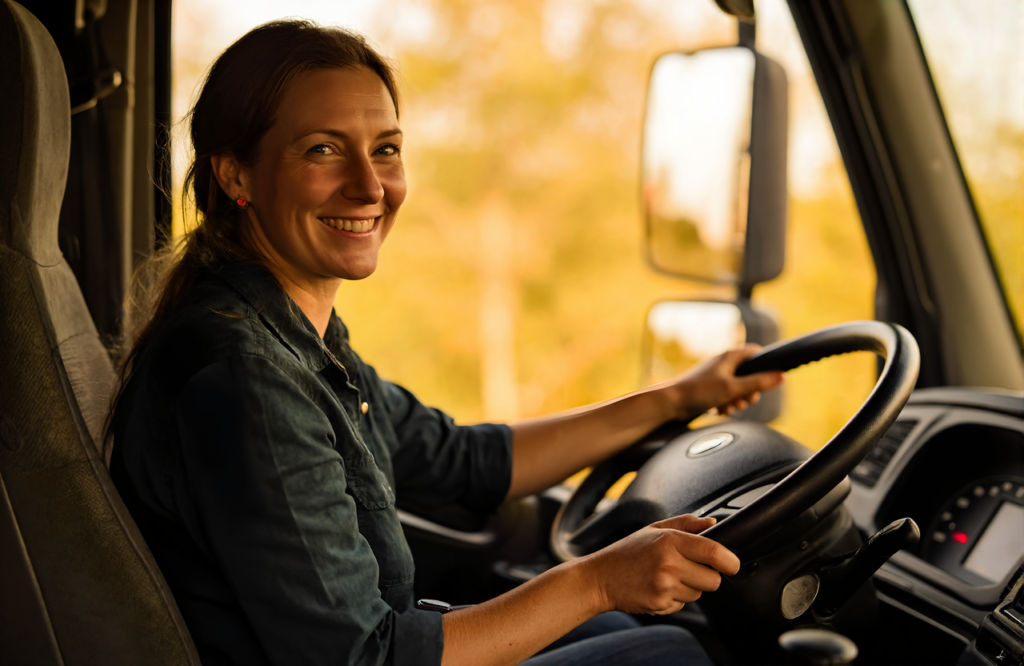 Woman commercial truck driver smiling at the wheel in her truck cab