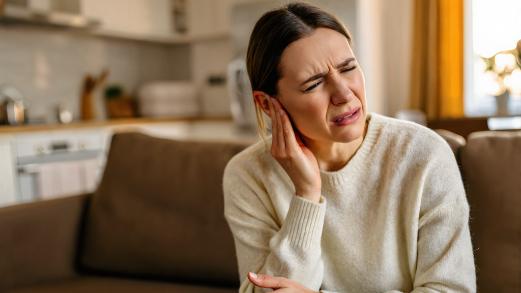 Woman at home wincing and pressing a hand to her ear from an earache