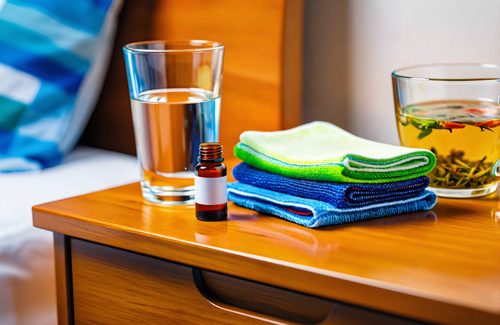 Glass of water, pain reliever, folded washcloths, and tea for earache relief at home