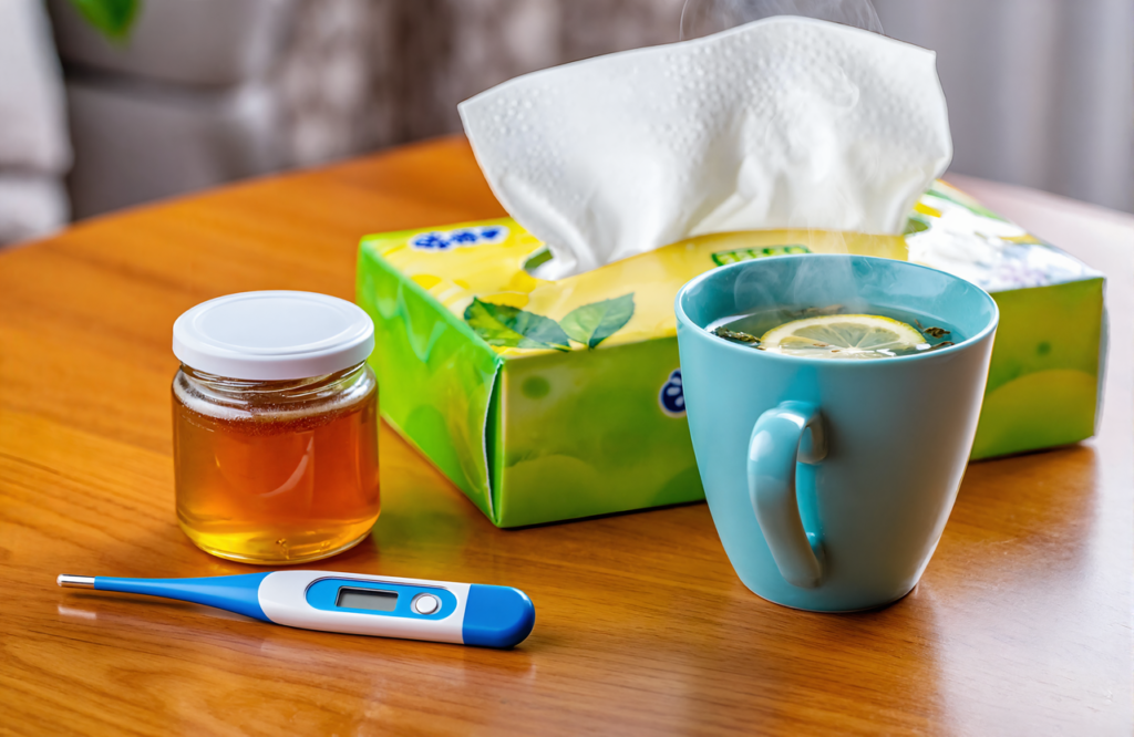 Home sick-day kit with a thermometer, tea, honey, and tissues for flu and COVID symptoms