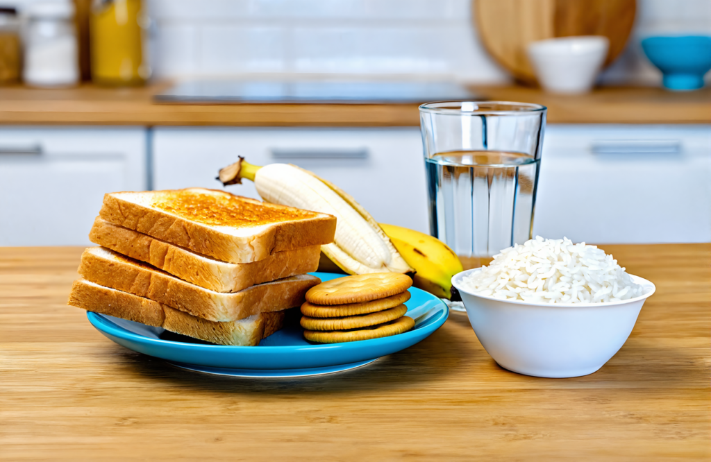 Bland recovery foods for food poisoning and the stomach flu: dry toast, crackers, banana, white rice, and water