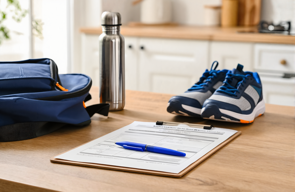 Back to school sports physical form on a clipboard with a backpack sneakers and water bottle on a table