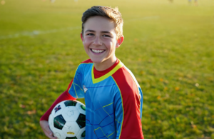 White teenage high school athlete in a soccer jersey holding a ball on a sunny Gulf Coast practice field