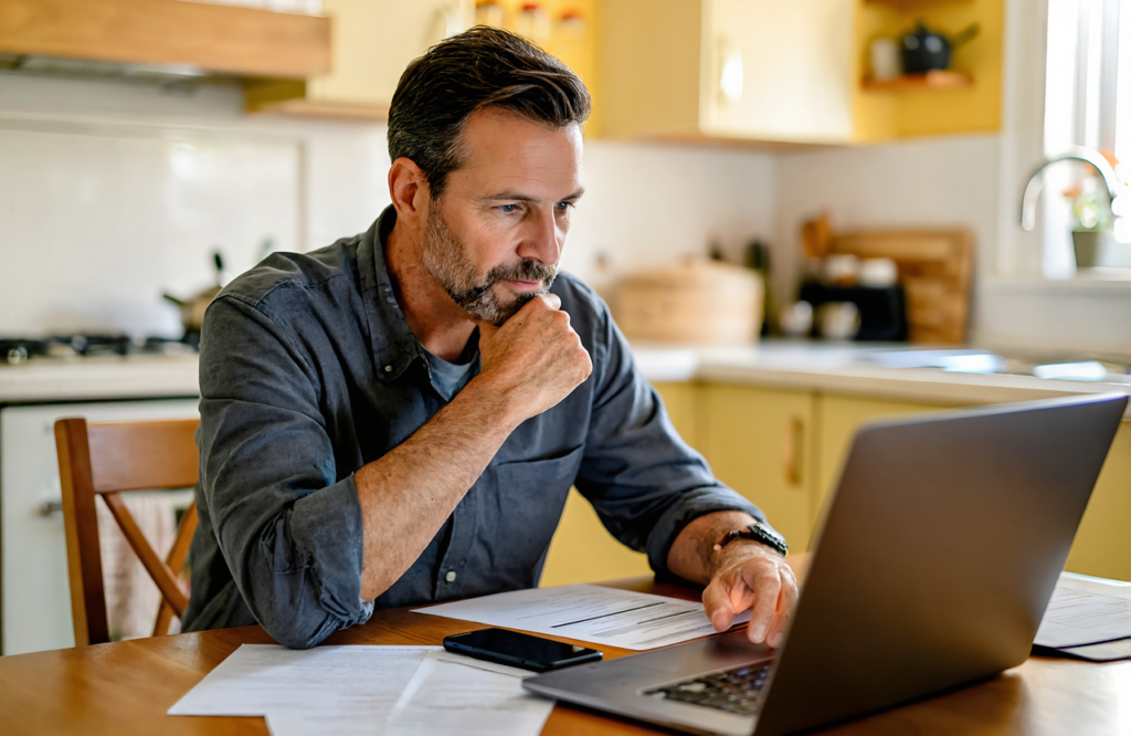 Man reviewing a paper statement and laptop while comparing blood work costs without insurance