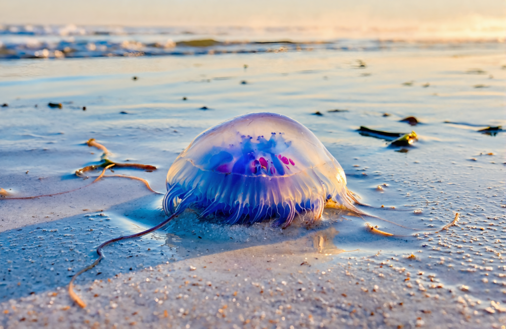 A blue jellyfish washed up on wet Gulf Coast sand at sunrise