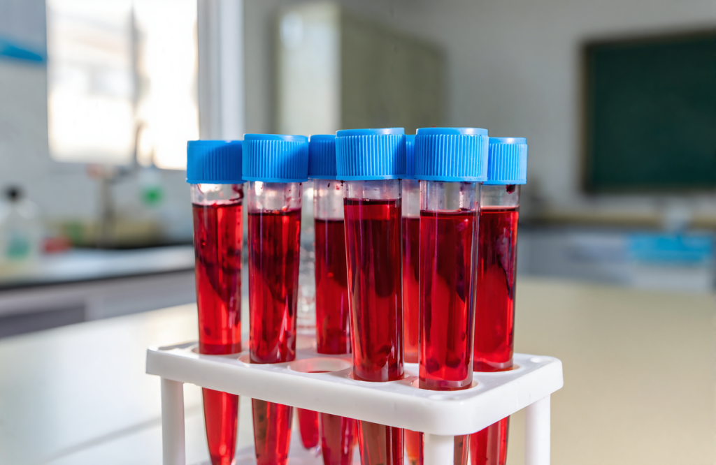 Blood sample collection tubes in a rack at an urgent care lab near Gulfport, MS
