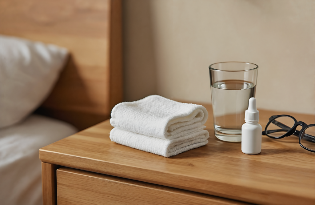 Folded washcloth, glass of water, and a dropper bottle on a bedside nightstand
