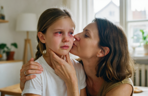 A parent checks a young child's red, watery pink eye in a bright home living room