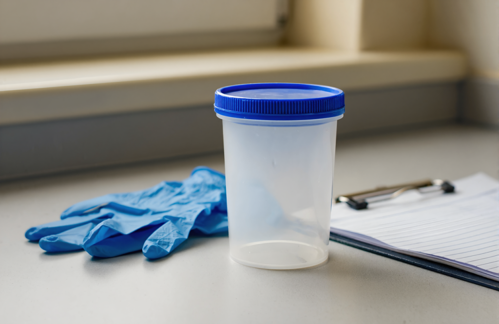A specimen collection cup, gloves, and clipboard used for a walk-in drug screen