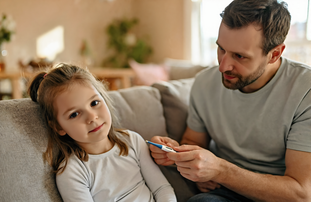 Father checking his young daughter's temperature with a digital thermometer on the living room couch