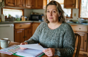 Woman at her kitchen table organizing a medication list and paperwork before a primary care visit