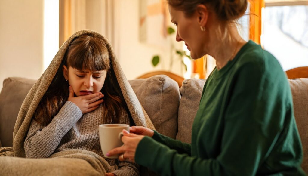 Mother giving warm tea to her daughter resting on the couch with a sore throat
