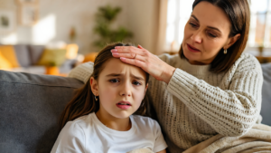 A mother checks her school-age daughter's forehead for fever at home with a sore throat