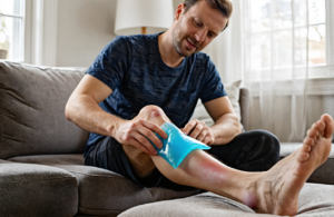 Man icing a swollen ankle before a walk-in X-ray for injury care at urgent care in Vancleave, MS