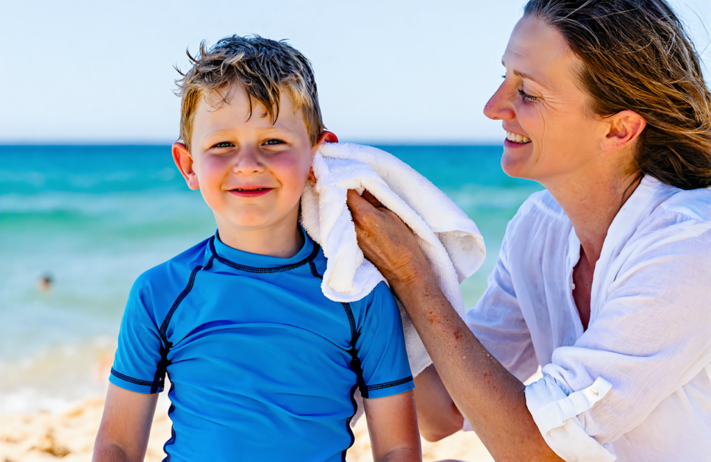 Mother drying her son's ear with a towel on a sunny beach after swimming