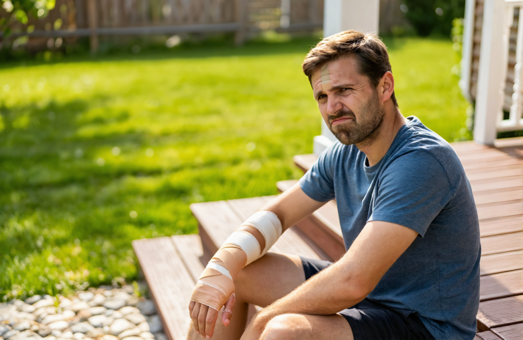 Man with a bandaged forearm resting on porch steps after a minor injury