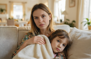 Mother comforting her sick young daughter wrapped in a blanket at home near Biloxi