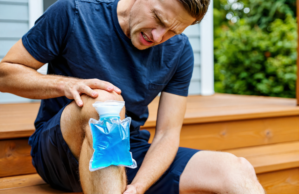 Man icing a sore knee at home, a minor injury walk-in urgent care treats near D'Iberville