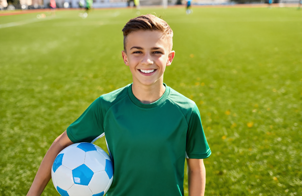 Gautier student athlete holding a soccer ball on a sports field after a free sports physical