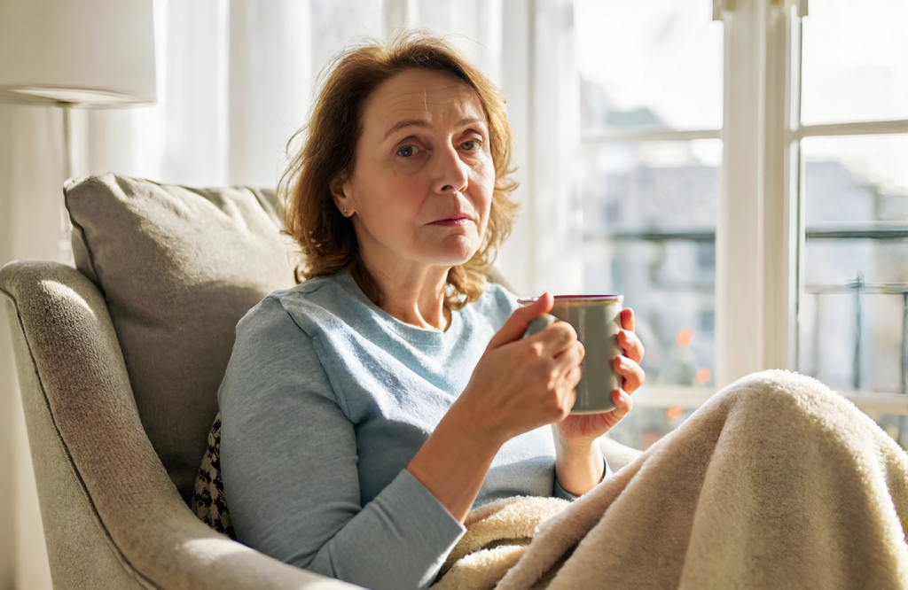 Older woman resting in a sunlit armchair with a warm mug while feeling under the weather