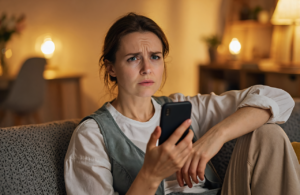 Woman at home in the evening deciding whether to seek urgent care or the ER