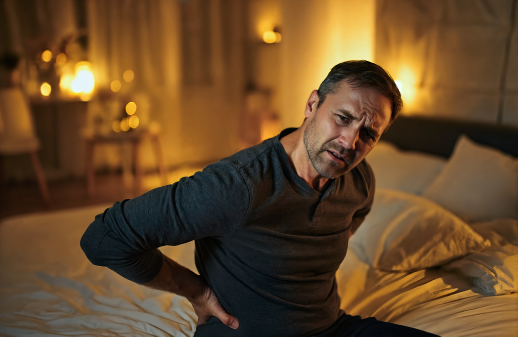Man with lower back pain sitting on the edge of his bed at night