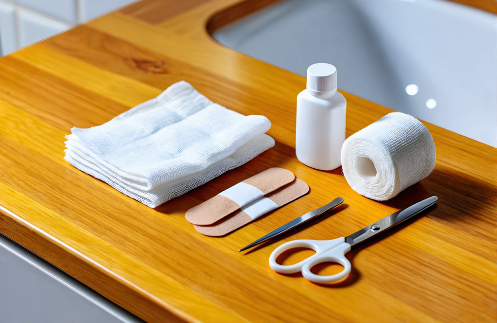 Home first-aid supplies for cut and wound care laid out on a counter near Vancleave MS