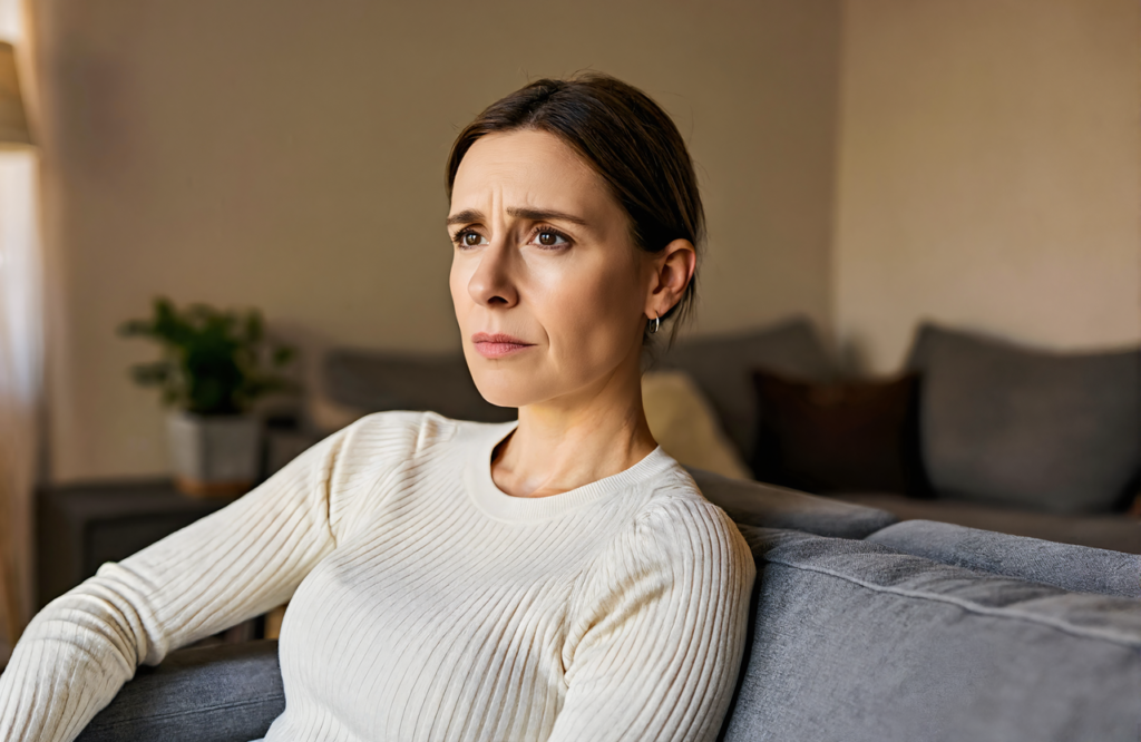 Woman sitting on a sofa looking concerned, unsure if her wrist is broken or sprained