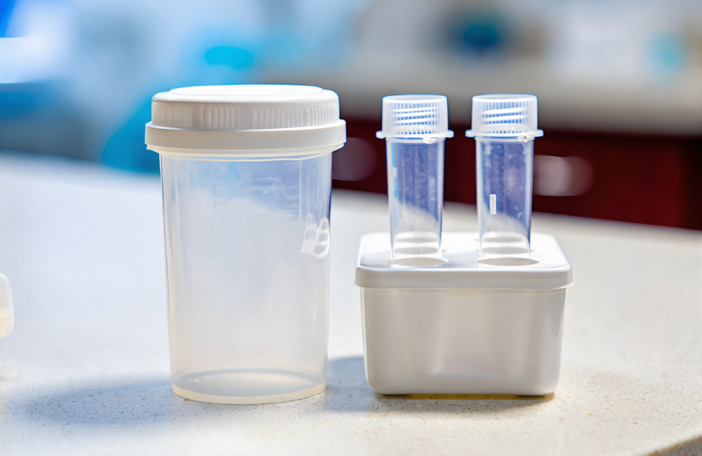 A urine specimen cup and two capped sample tubes, the basic supplies behind STD testing at urgent care