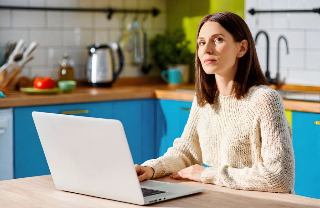 Woman at her kitchen table using a laptop to check self-pay X-ray pricing