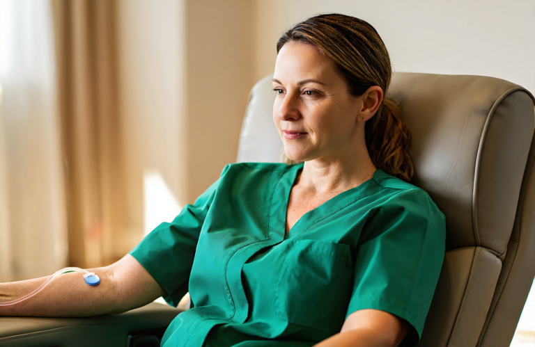 Woman receiving an IV hydration therapy drip while seated in a recliner near Vancleave, MS