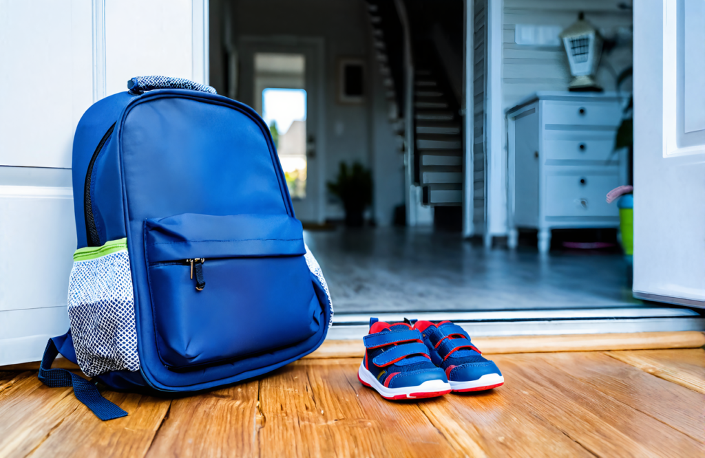 A child's school backpack and sneakers left by the front door on a cool fall morning