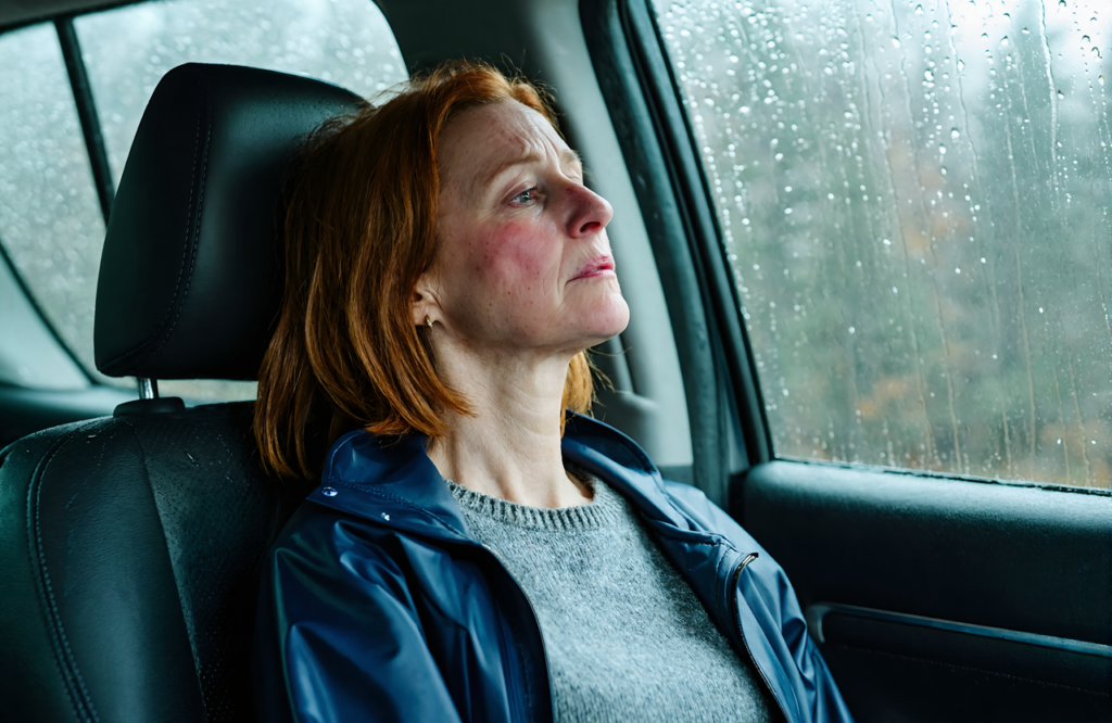 Tired woman with flushed cheeks resting in a parked car on a rainy day during RSV season