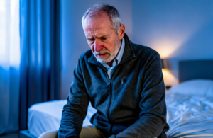 Older man sitting on the edge of his bed looking tired and congested, common symptoms of RSV in adults