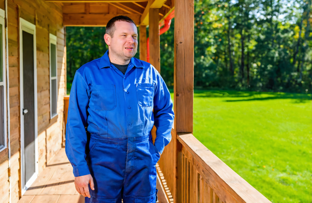 Man in blue work coveralls on a sunny front porch in Jackson County MS after a self-pay urgent care visit