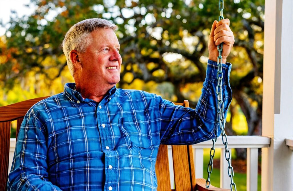 Older man relaxing on a Gulf Coast porch after a seasonal flu shot near Vancleave