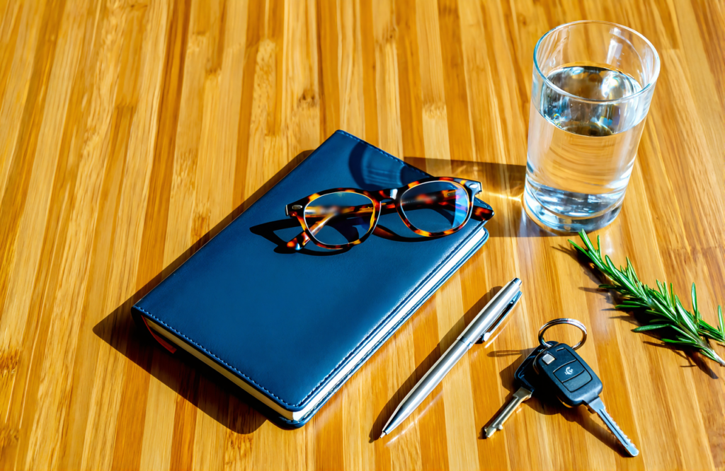 Reading glasses, a navy notebook, a pen, car keys, and a glass of water on a wooden table before an annual physical exam