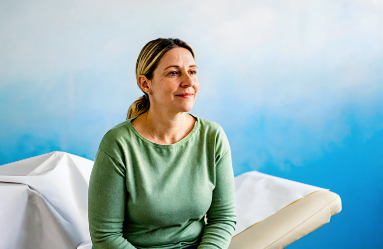 Woman in a sage green sweater sitting on an exam table while she waits for her annual physical near Vancleave, MS