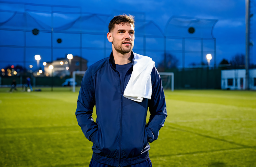 Man in a navy track jacket with a white gym towel over his shoulder on a sports field at dusk