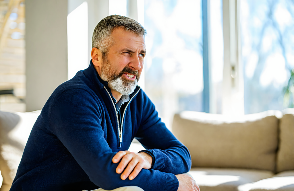 Gray-bearded man in a navy pullover leaning forward on his sofa and straining to hear, as earwax buildup can muffle sound